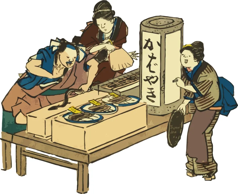 江戸の商人が店先で鰻を捌いたり、炭で焼いている画像