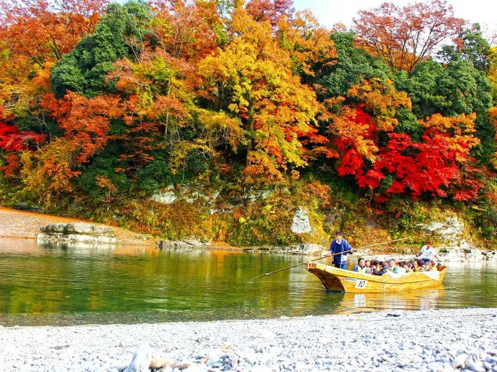 長瀞の岩畳と紅葉の画像