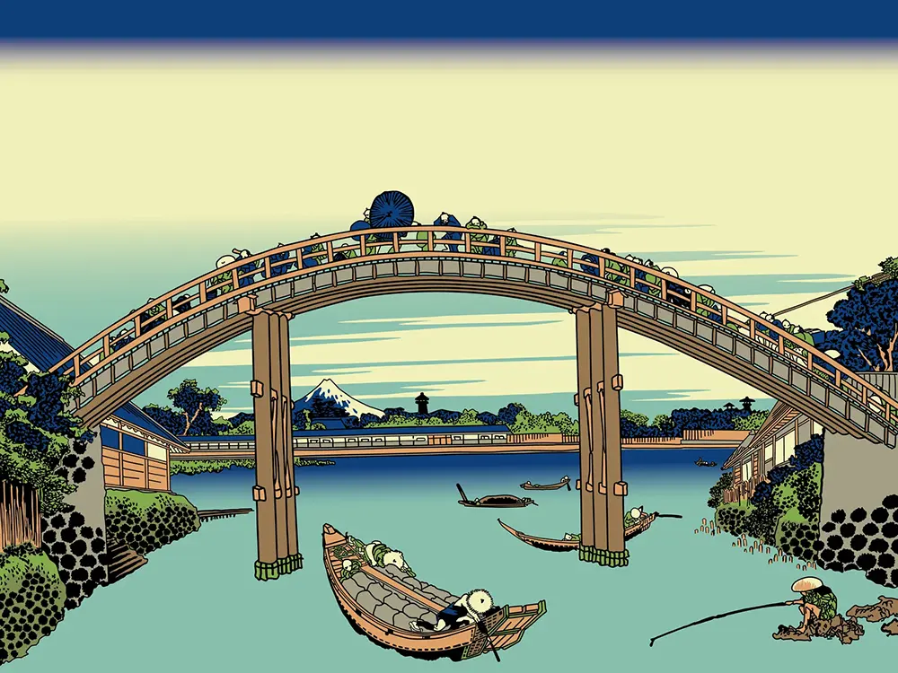 川にかかる橋と、船に乗って漁をする人の浮世絵画像。