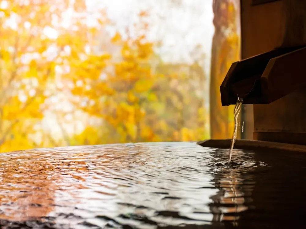 湯舟の奥に黄色く色づいた紅葉が見える画像