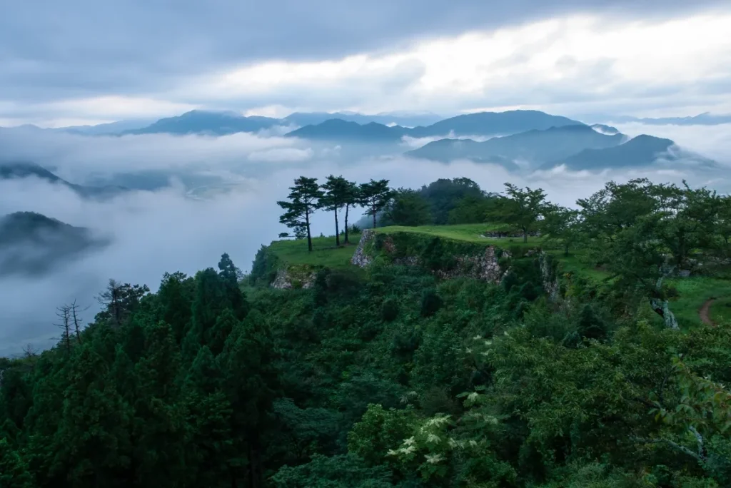 円山川から立ち上る水蒸気と竹田城跡の雲海形成の画像
