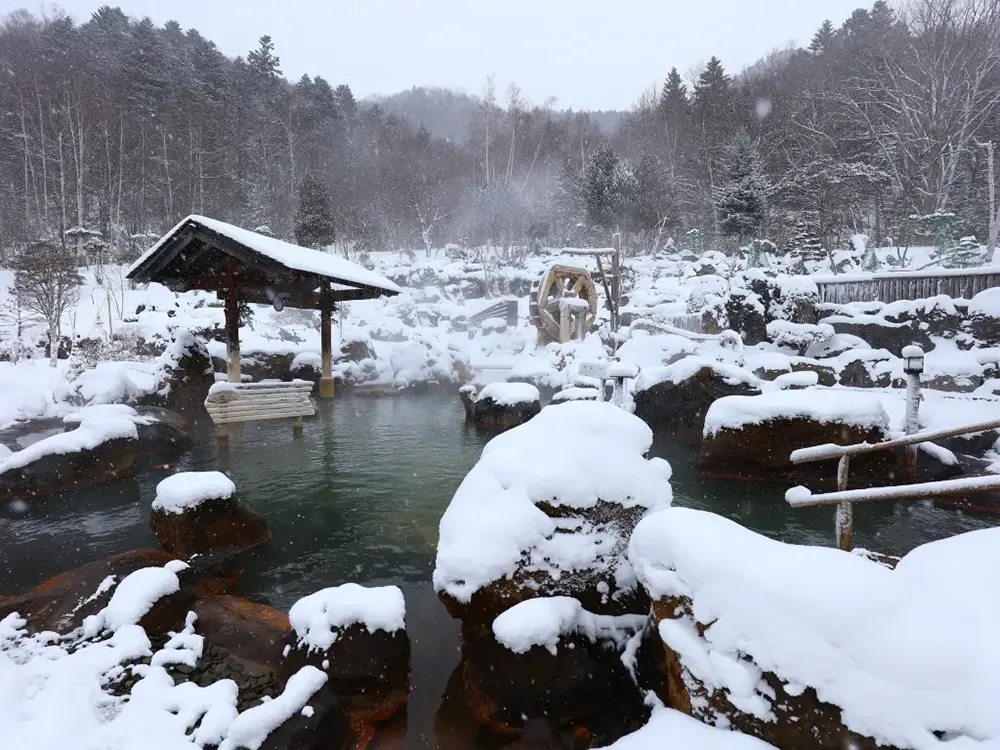 雪景色の中の岩風呂と水車の画像