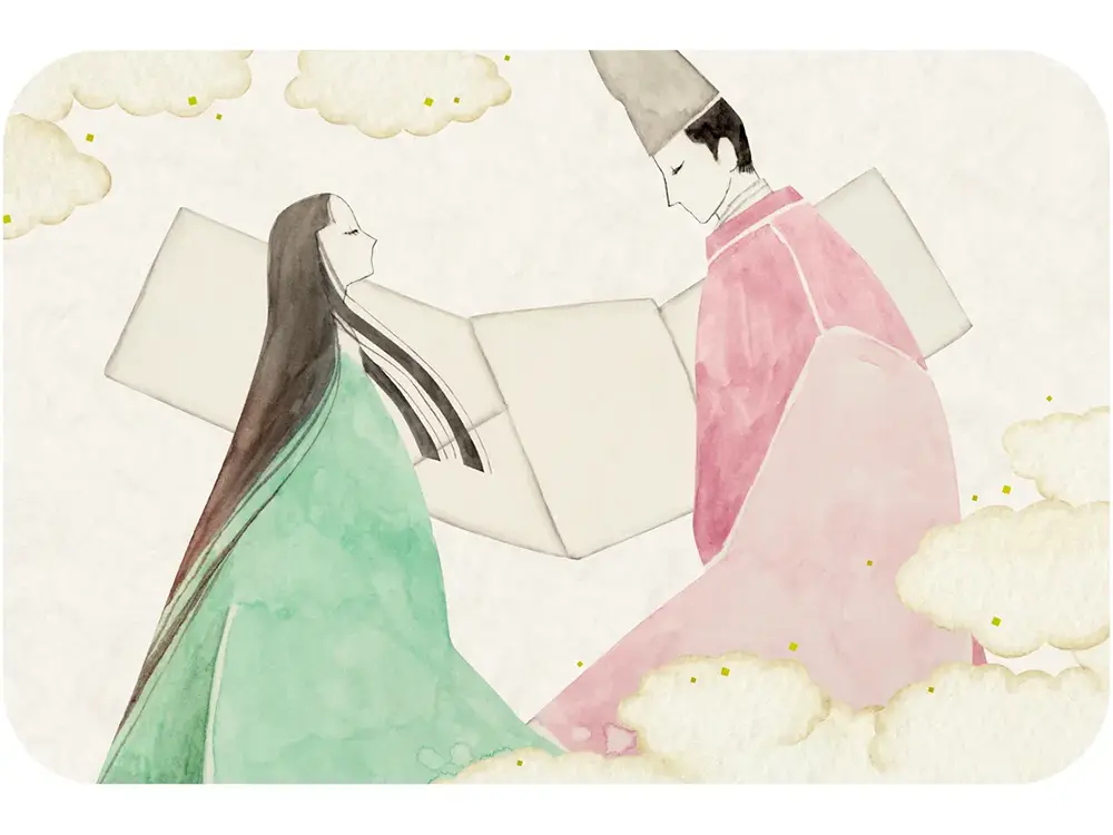 和服の男女が向かい合うイラストの画像