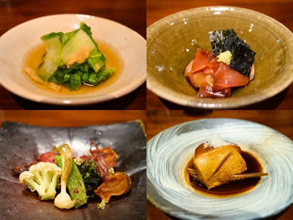 さんとう菜と揚げの煮浸し、まぐろの刺身、ささ烏賊とケールとカリフラワーの焼き物、ぶり大根を一枚にまとめた写真