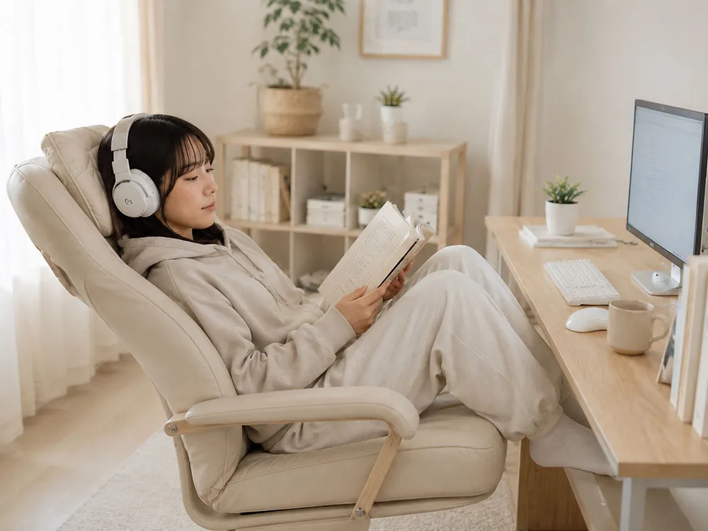 イヤホンをつけて勉強している女性