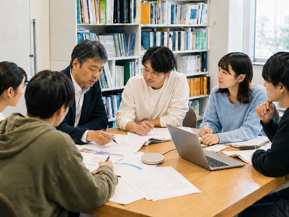 研究室で教員を囲んで少人数で学んでいる大学生たちの画像