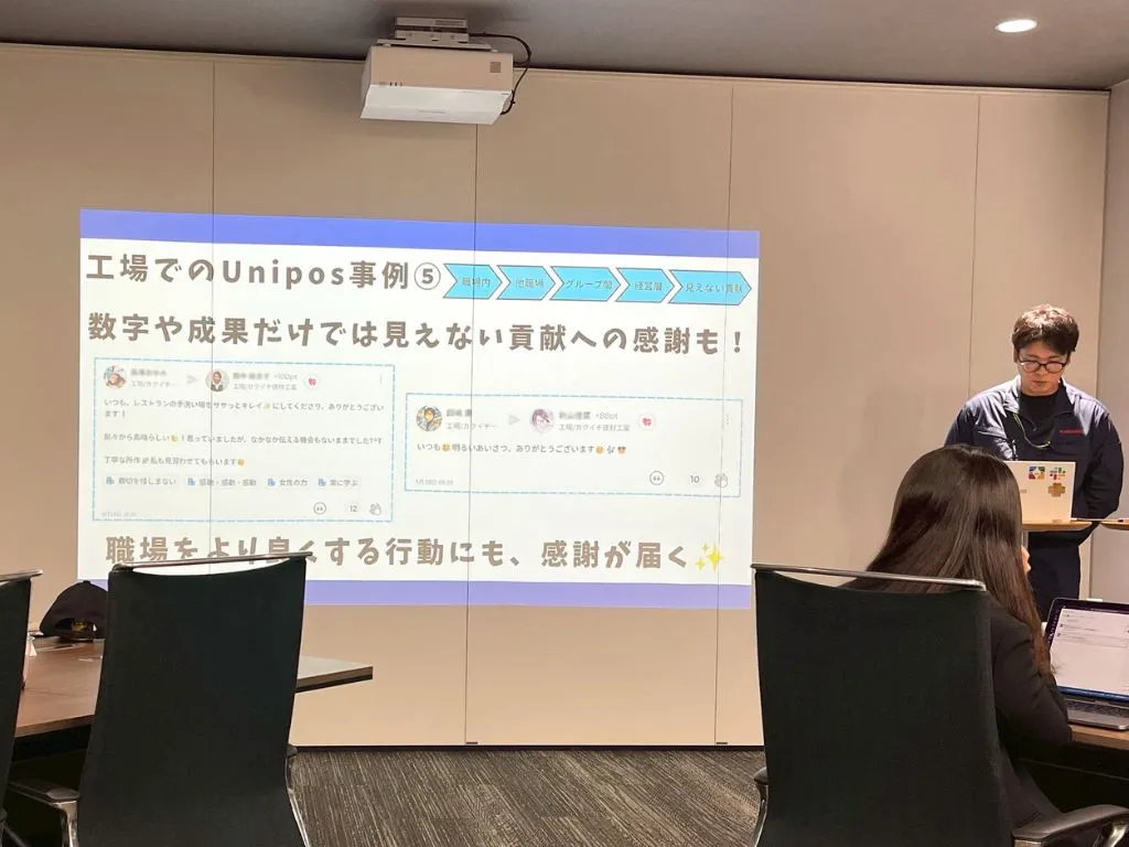 Uniposの活用事例を紹介するプレゼンテーションの写真