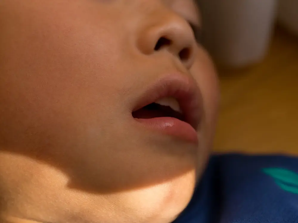 寝こけている小学生男子の顔の画像