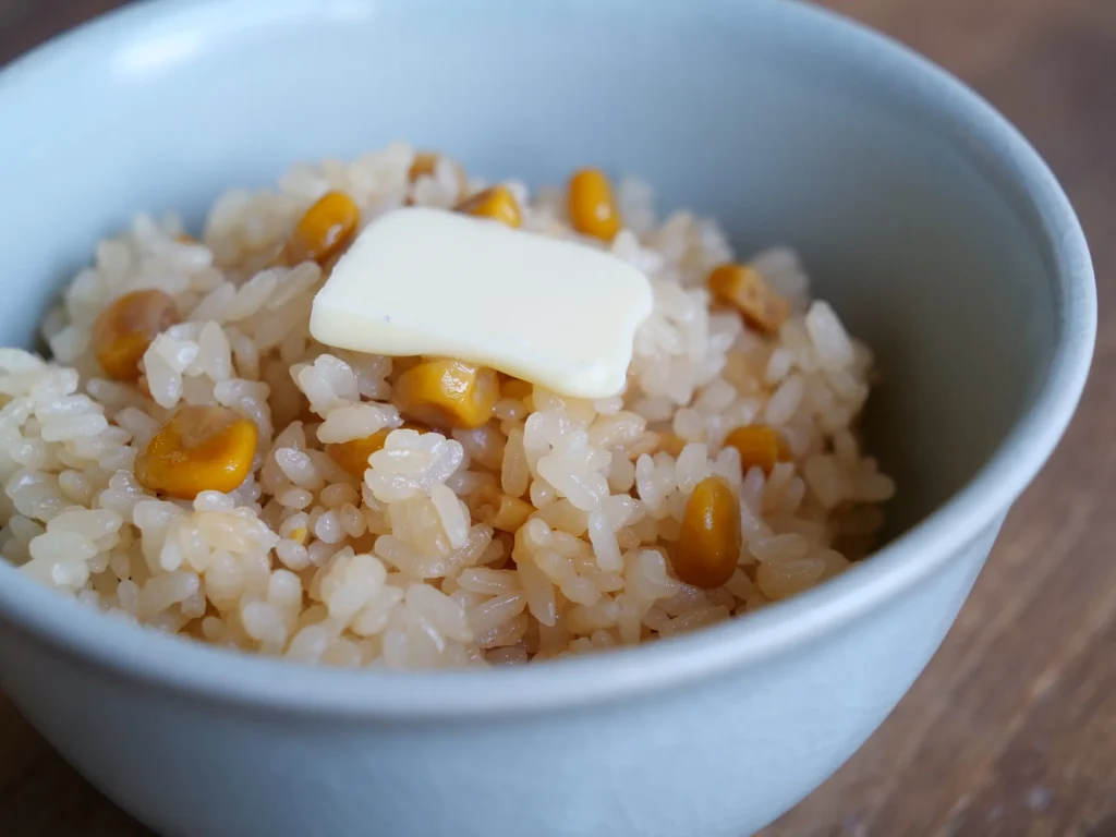 お茶碗に盛り付けたとうもろこし炊き込みご飯