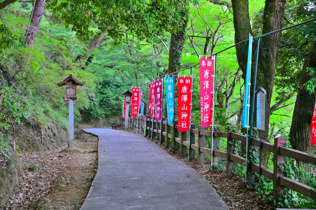 色とりどりの旗が並ぶ唐沢山神社参道の画像